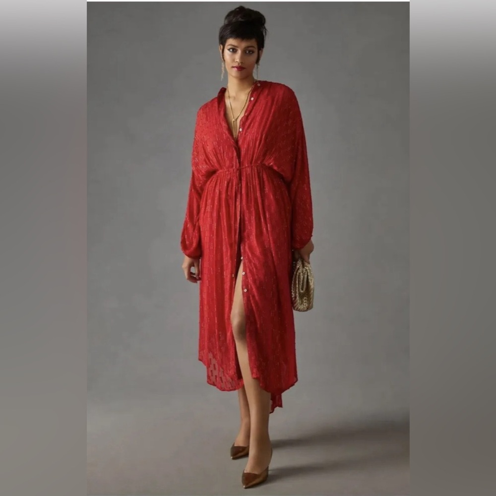 *NWT-Anthropologie Red Dress with Buttons and Drawstring Waist